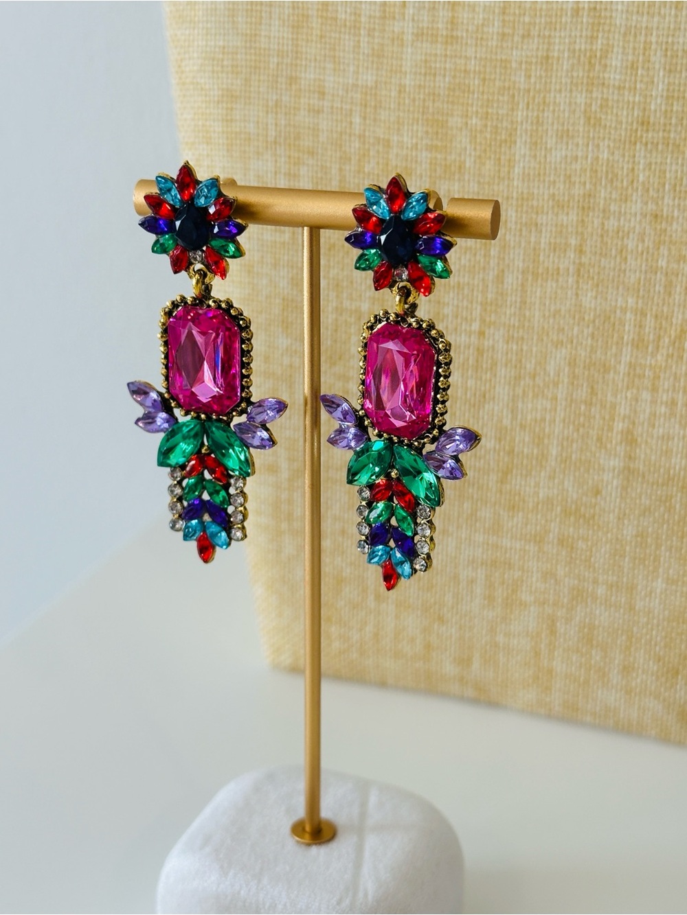 Fashion Jewelry Multicolor Crystal Drop Earrings with Pink Center